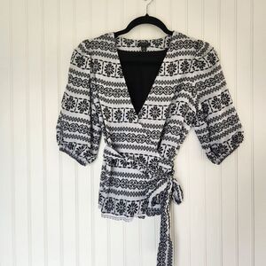 ANN TAYLOR Black White Textured Printed Cotton Blend True Wrap Blouse XSP